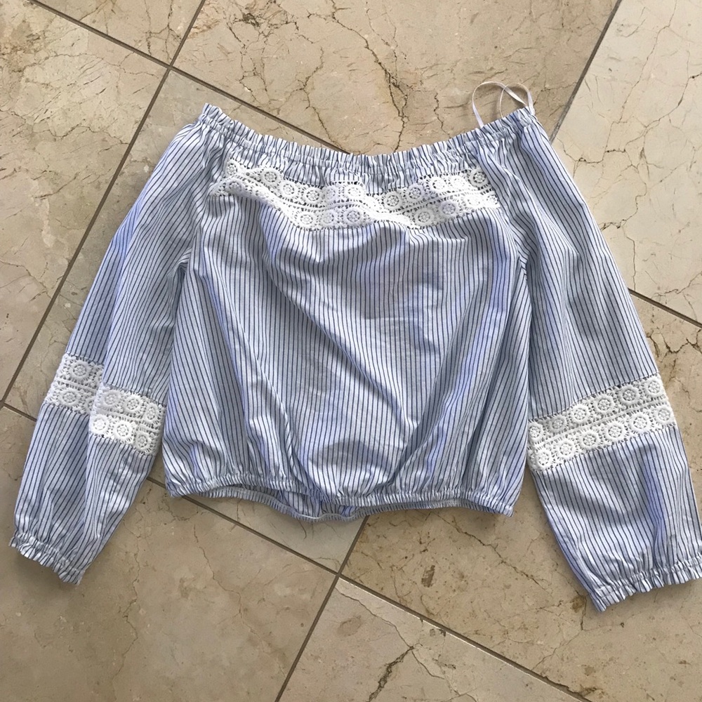 Blue and white smocked off the shoulder top